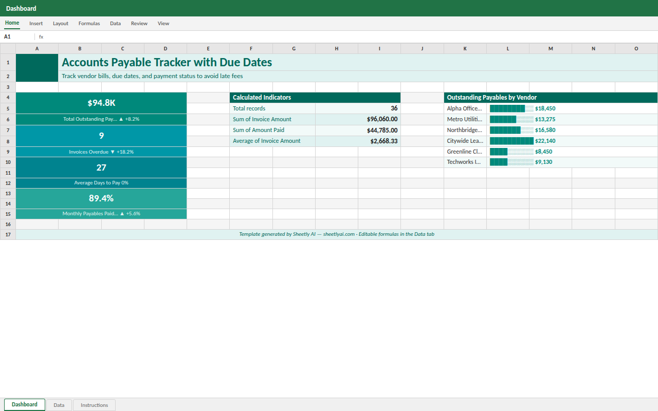 Preview of the Accounts Payable Tracker with Due Dates — Excel template with real formulas template