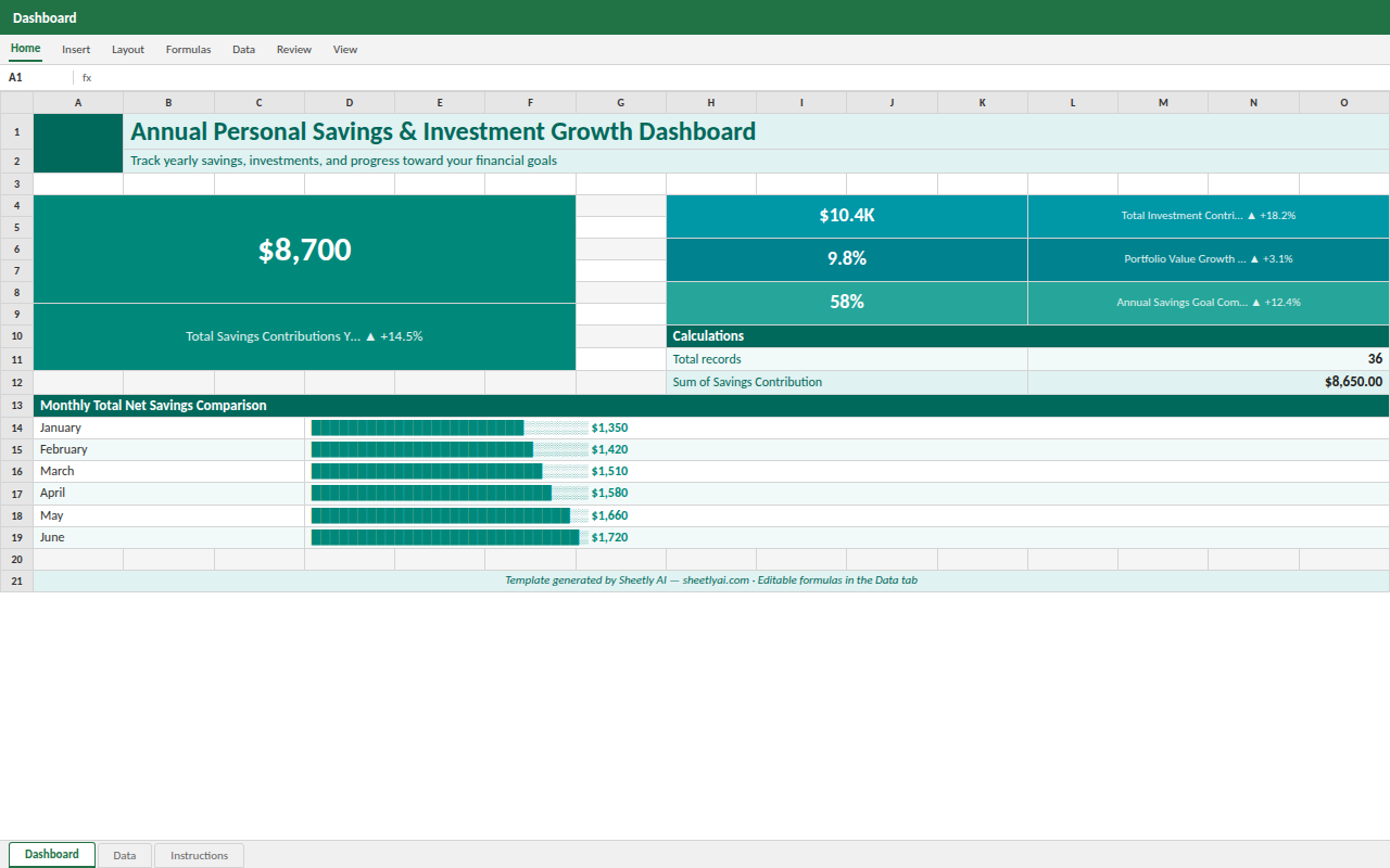 Preview of the Annual Personal Savings & Investment Growth Dashboard — Excel template with real formulas template