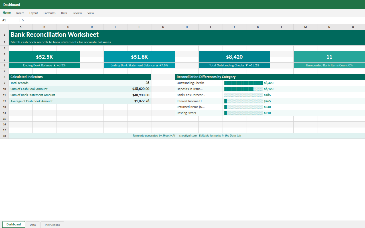Preview of the Bank Reconciliation Worksheet — Excel template with real formulas template