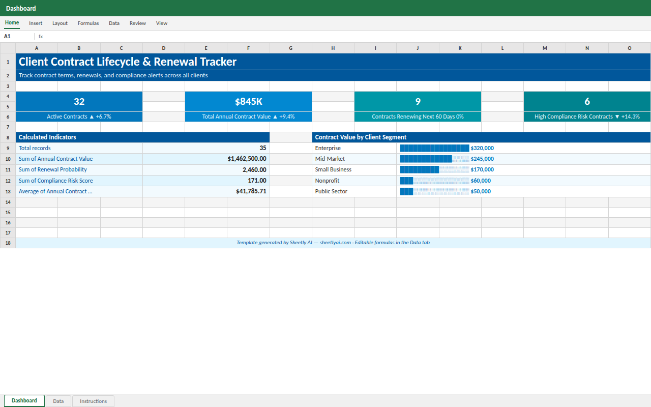 Preview of the Client Contract Lifecycle & Renewal Tracker — Excel spreadsheet template to download template