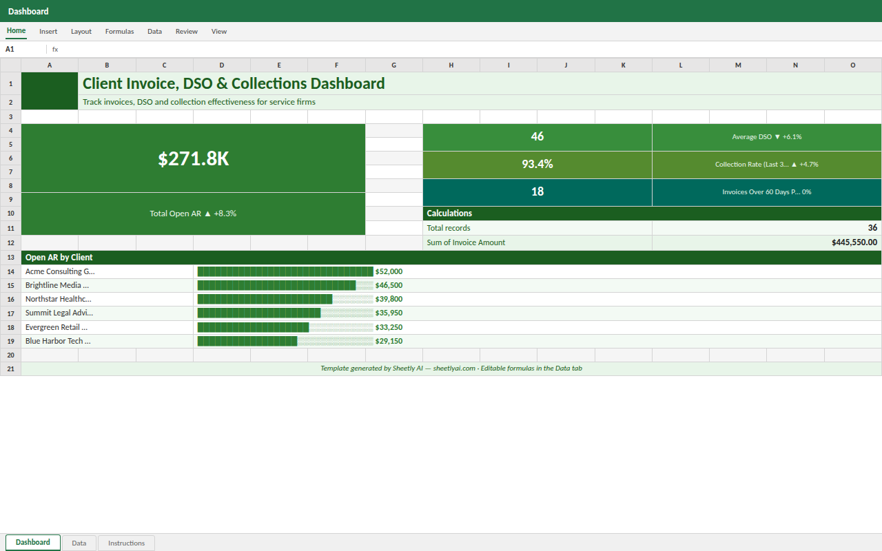 Preview of the Client Invoice, DSO & Collections Dashboard — Excel spreadsheet template to download template