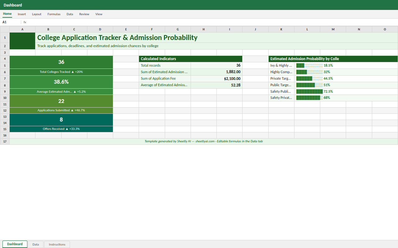 Preview of the College Application Tracker & Admission Probability — Excel template with real formulas template