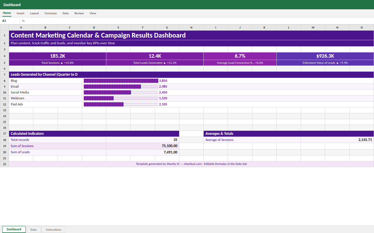 Preview of the Content Marketing Calendar & Campaign Results Dashboard — Excel spreadsheet template to download template