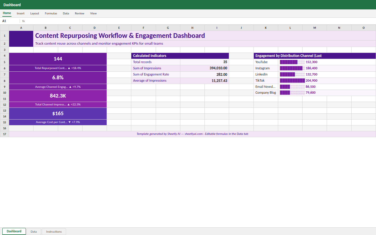 Preview of the Content Repurposing Workflow & Engagement Dashboard — Excel spreadsheet template to download template