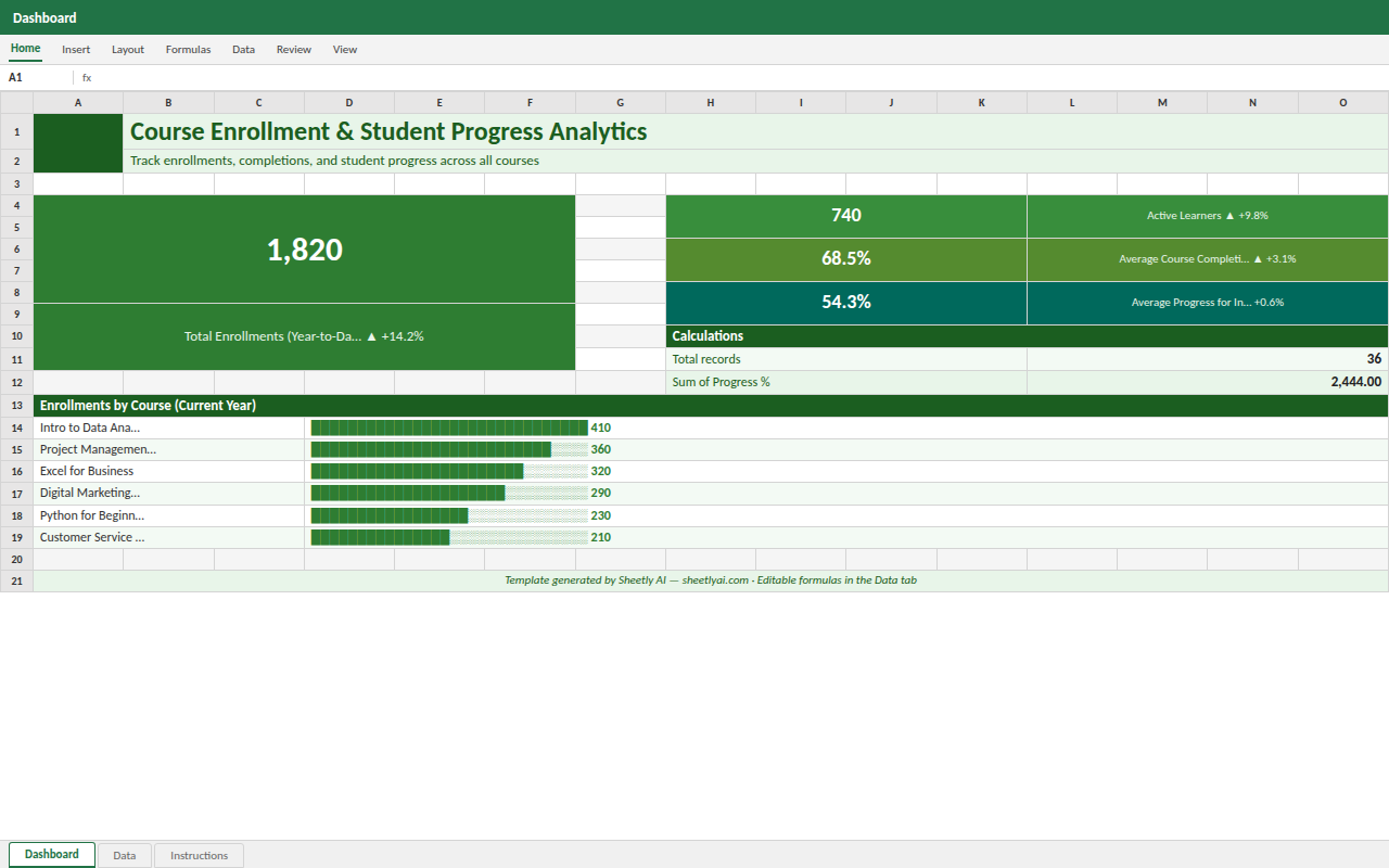 Preview of the Course Enrollment & Student Progress Analytics — Excel template with real formulas template