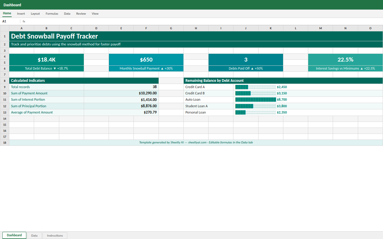 Preview of the Debt Snowball Payoff Tracker — Excel template with real formulas template