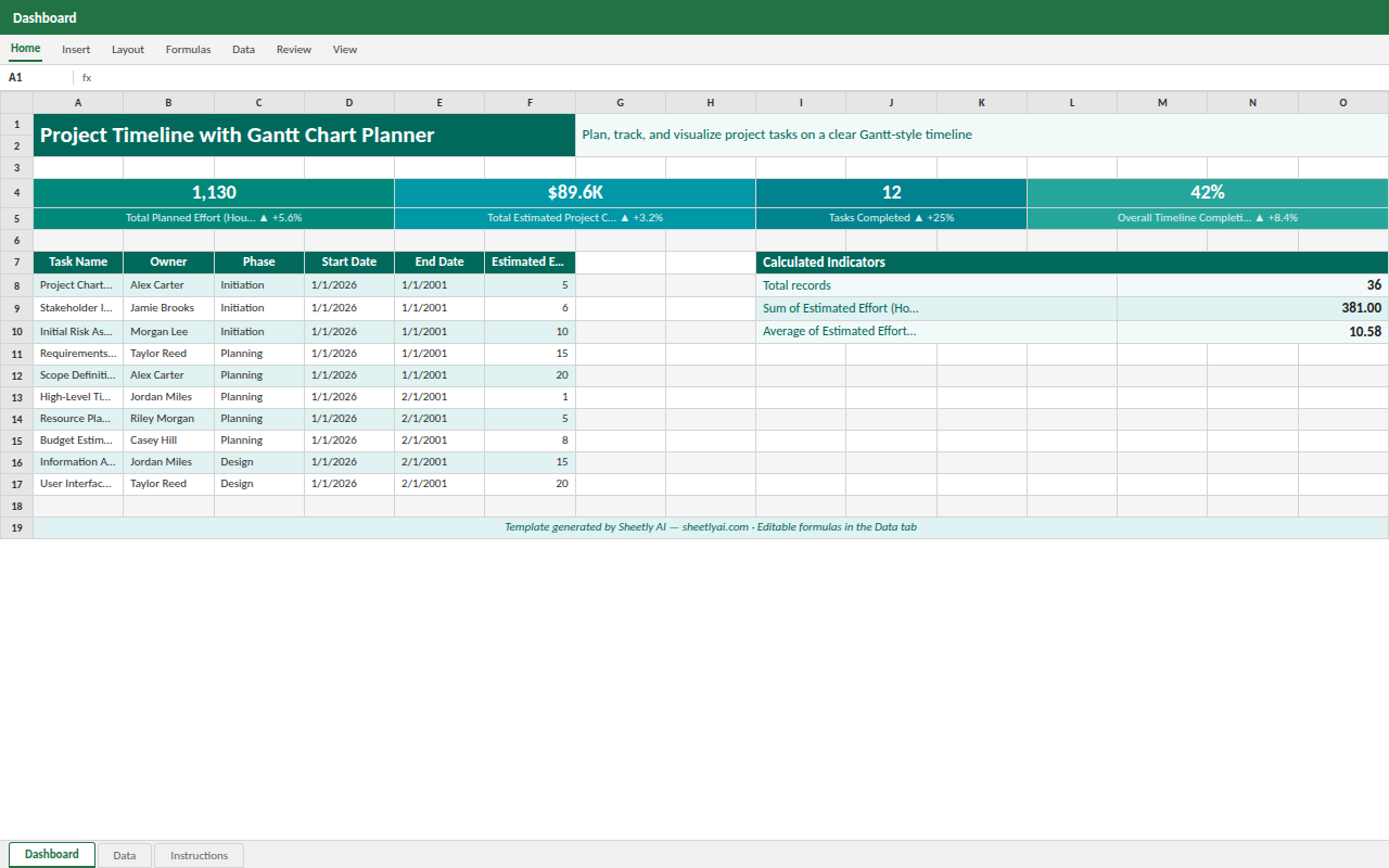 Preview of the Project Timeline with Gantt Chart Planner — free Excel template template