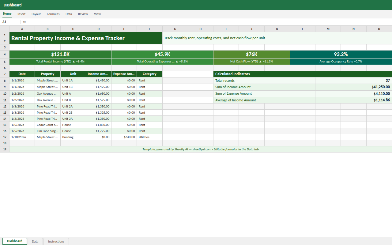 Preview of the Rental Property Income & Expense Tracker — Excel spreadsheet template to download template