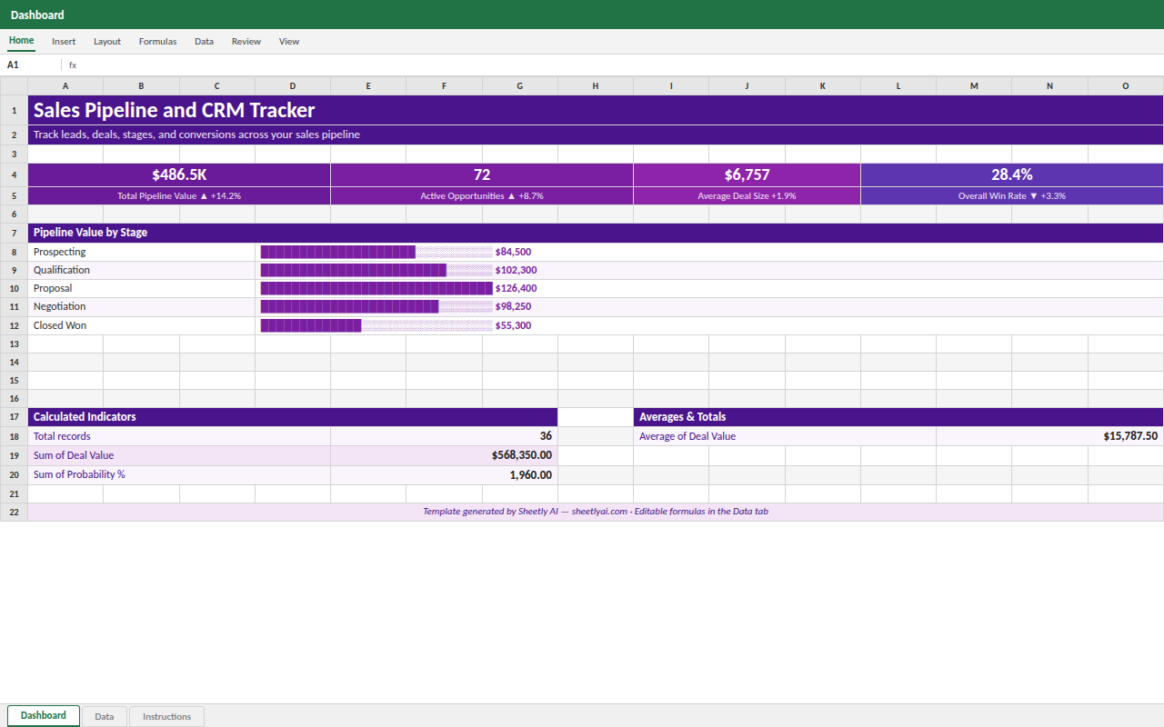 Preview of the Sales Pipeline and CRM Tracker — Excel template with real formulas template